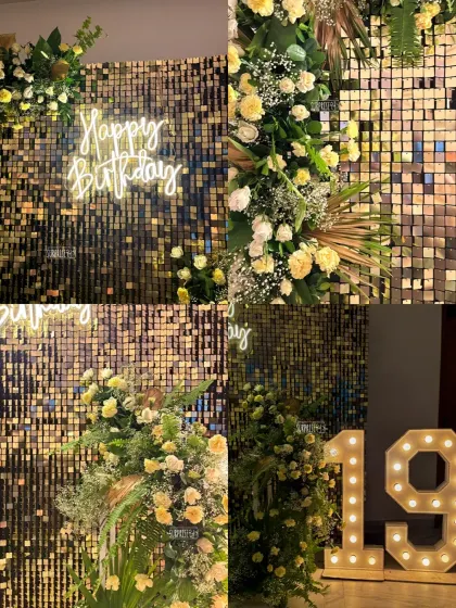 A collage showcasing the details of Pranav's 19th birthday. We combined a golden shimmer wall with lush green and white florals, a "Happy Birthday" neon sign, and bold marquee lights for a sophisticated and modern party vibe.