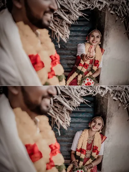 A creative collage capturing the bride's playful and loving gestures towards her groom.