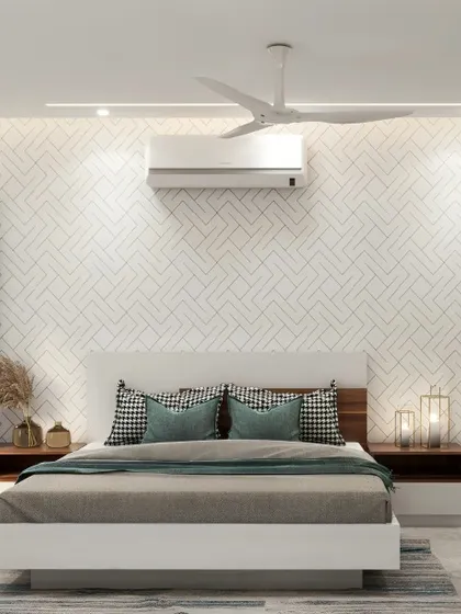 This 3D visualization showcases a bright, contemporary bedroom. Key features include a geometric-patterned accent wall, floating bedside tables, and floor-to-ceiling wardrobes for a clean, uncluttered look.