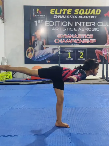 A beautiful arabesque pose from one of our students. Practicing these basics helps build the balance needed for more advanced beam and floor routines.