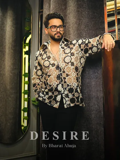 This shirt is a masterpiece of texture. I used a unique crochet-style fabric in earthy tones of black, beige, and cream to create a piece that is both visually striking and luxuriously comfortable.