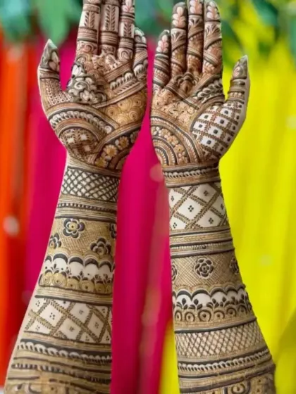 This design features a mix of checks, floral bands, and paisleys, covering the hands and arms in a beautiful tapestry of patterns.