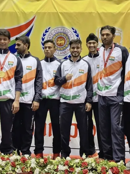 Team India on the podium at the South Asian Championship. Standing together, representing the tricolor.