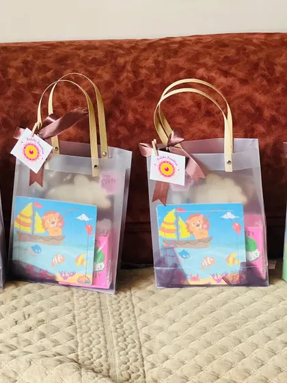 A still image of the Rakhi gift bags, showing the colorful books and custom tags. They make wonderful return gifts for a Rakhi celebration.