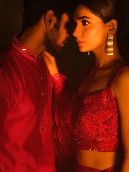 A close-up, intimate moment from the Nayantaara shoot. The makeup is subtle and enhances the model's features, perfect for this romantic and moody campaign.