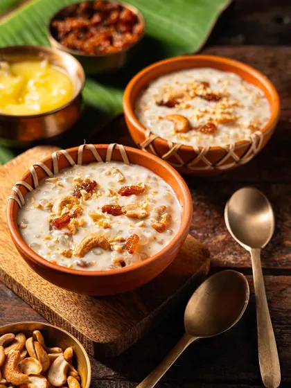 A traditional payasam dessert, styled with authentic ingredients like cashews, raisins, and ghee.