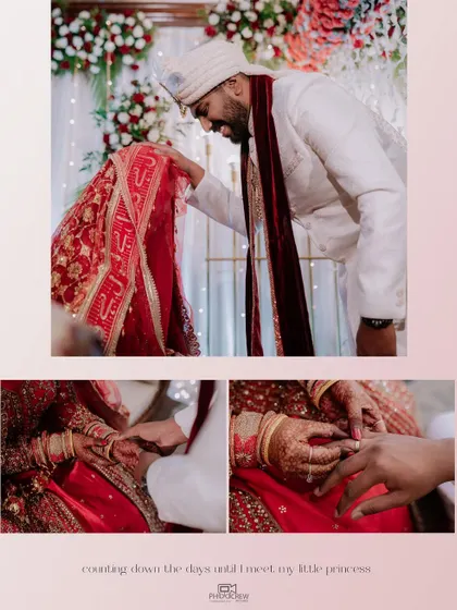 A collage of key wedding rituals, including the groom presenting the 'dupatta' and the ring exchange.