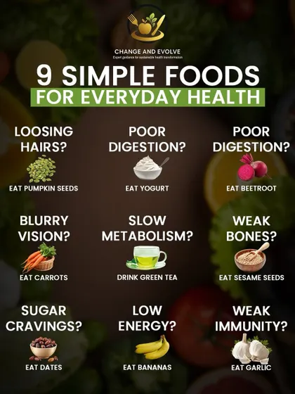 This graphic lists 9 simple foods for everyday health, addressing issues like hair loss (pumpkin seeds), poor digestion (yogurt), and low energy (bananas).