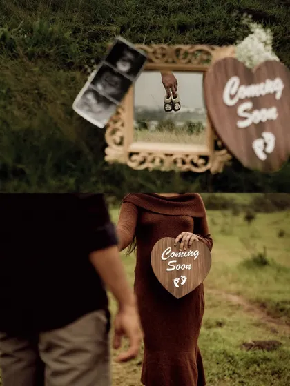A creative and artistic announcement collage. The top frame uses a mirror to reflect tiny baby shoes, while the bottom frame shows the mom-to-be with a "Coming Soon" sign.