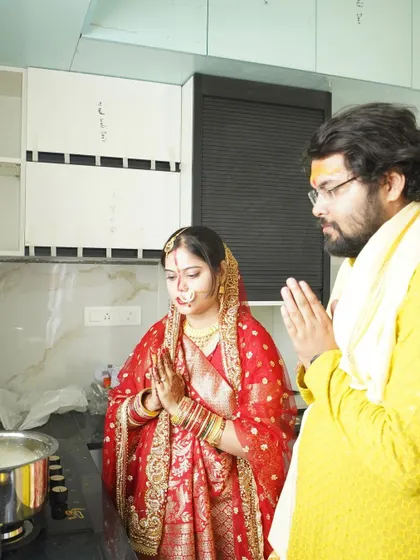 A beautiful moment from a client's Griha Pravesh (housewarming ceremony) in their newly designed kitchen. We are honored to be a part of such special new beginnings in the homes we help create.