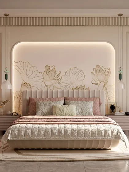 I designed this girl's bedroom to feel like a quiet embrace. The centerpiece is a custom headboard set against a delicate, hand-painted lotus mural, creating a serene focal point that is both artistic and deeply calming.