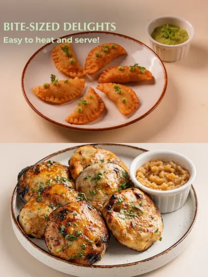 A showcase of my bite sized festive delights that are easy to heat and serve. This image features mini samosas and grilled tikkis, perfect appetizers for any celebration.
