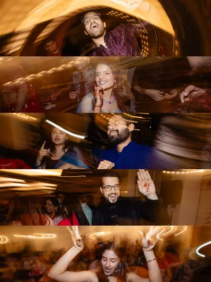 A collage of energetic, motion-blurred shots from the Sangeet dance floor, capturing the party atmosphere.