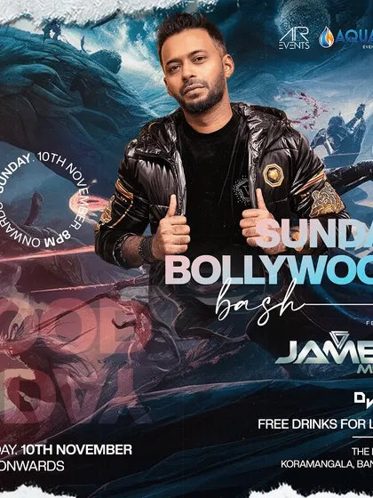 This poster for a "Sunday Bollywood Bash" at The Fixx Bar shows a typical weekend event, complete with free drinks for ladies to kickstart the party.