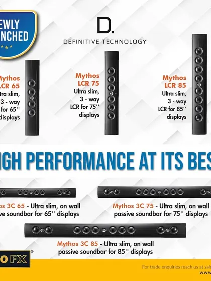 High performance at its best. The newly launched Definitive Technology Mythos Series includes ultra-slim on-wall LCR speakers and passive soundbars, delivering iconic sound in sleek, designer cabinets for displays from 65 to 85 inches.