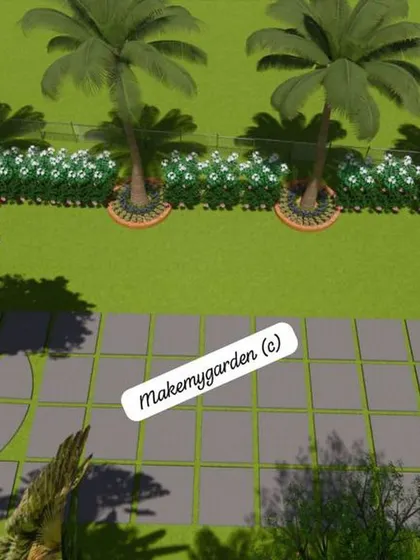 An overhead 3D design view of a garden layout. This shows the planned placement of palm trees with circular brick borders and a grid of large stepping stones on the lawn.