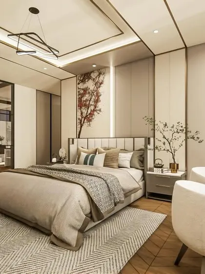This master bedroom is a sanctuary of quiet luxury. I used a calm, neutral palette, sophisticated textures, and clean lines to create a space that feels both expansive and intimate, a true retreat from the city. The glass-enclosed walk-in closet adds a layer of transparency and modern elegance.