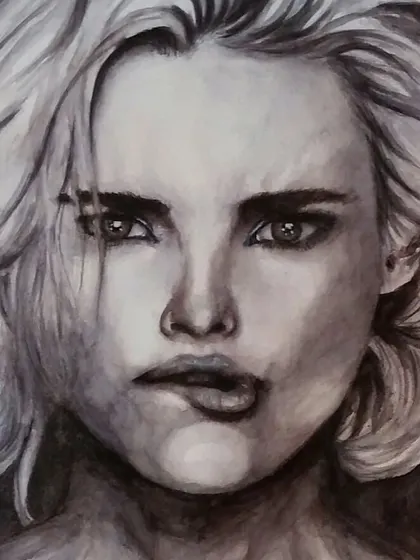 A powerful black and white watercolor portrait capturing an intense and slightly fierce expression.