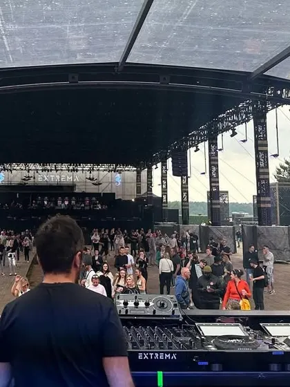 Looking out at the crowd from the Extrema main stage. Even for an early set, the energy was building and the vibe was amazing.