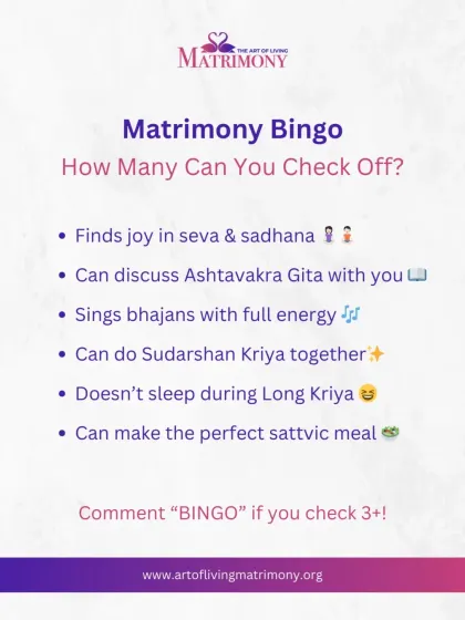 A fun "Matrimony Bingo" checklist for spiritual partners. It playfully lists ideal qualities like enjoying seva, discussing the Ashtavakra Gita, and making the perfect sattvic meal.