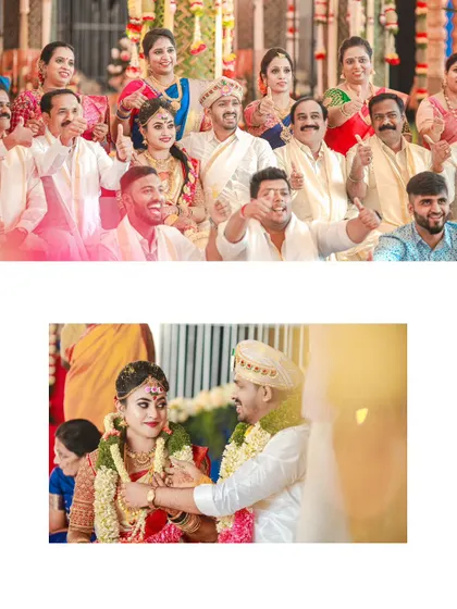 A fun and happy group photo with the wedding couple and their family, followed by a sweet, candid moment between the bride and groom.