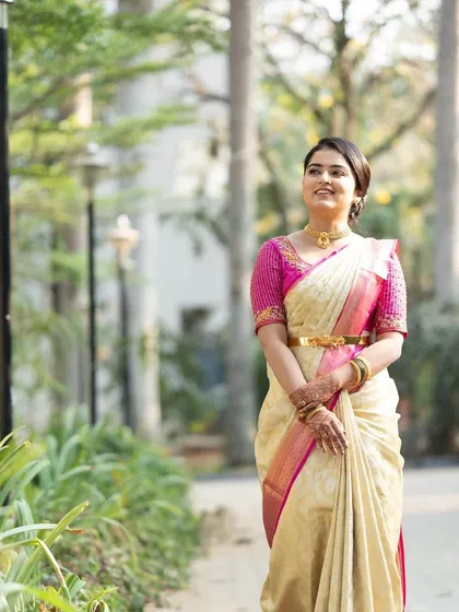 A full shot of the pre-wedding look, perfect for an outdoor, daytime event.