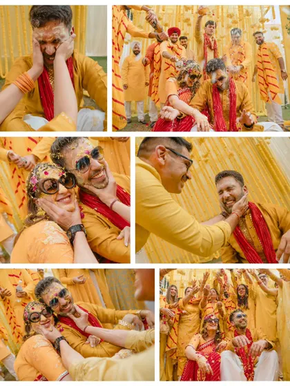 A collage of fun and messy moments from a haldi. These candid shots capture the playful chaos as friends and family lovingly apply turmeric to the couple.