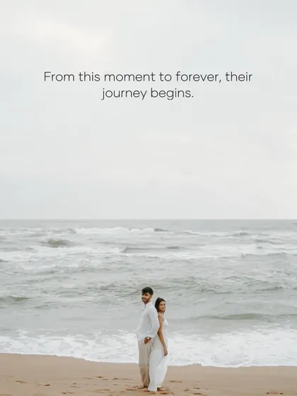 Standing back-to-back against the vast ocean in Goa. This portrait, with the text "From this moment to forever, their journey begins," captures a sense of infinite possibility and commitment.