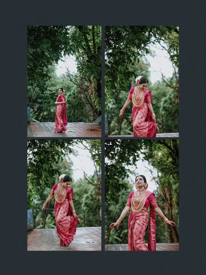 A collage of the bride's portraits in a garden, framed in a dark border.