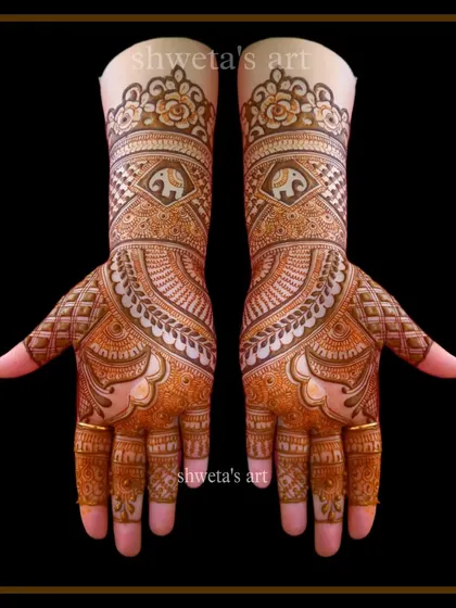 A classic Indian mehendi design for the hands. This pattern features a central elephant motif surrounded by intricate traditional patterns, perfect for any festive occasion.
