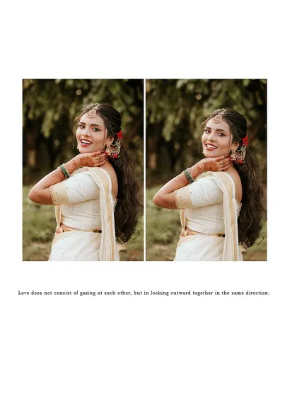 A collage of a bride's portraits in her kasavu saree, with a romantic quote.