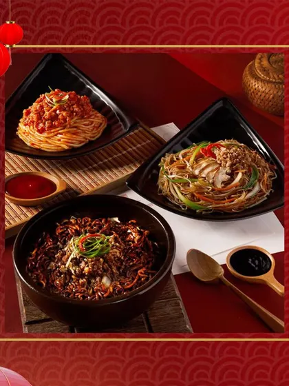 A spread of bold Schezwan cuisine, featuring various noodle dishes with rich, spicy sauces, showcasing our ability to deliver authentic and fiery Asian flavors.
