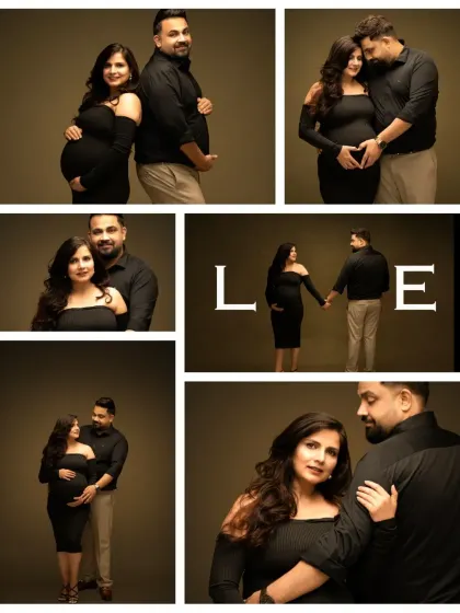 A beautiful collage showcasing the variety of poses from a single couple's session. It includes everything from classic portraits to playful interactions and romantic silhouettes.