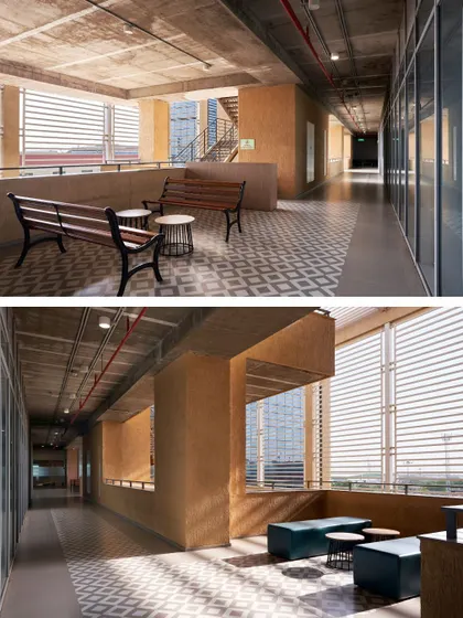 Breakout spaces and corridors at the Mahindra Chakan office are naturally ventilated and feature patterned tile floors. These transitional zones are designed as comfortable places for pause and informal conversation, inspired by traditional Indian architecture.