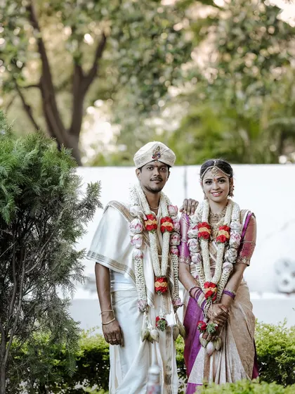 A beautiful couple on their wedding day. I created a natural and elegant look for the bride that perfectly matched her traditional attire and the outdoor setting.