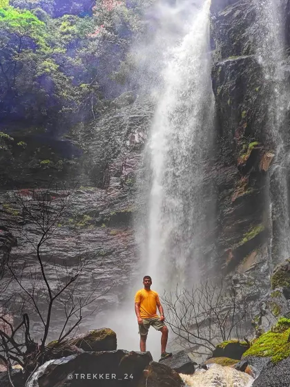 Standing in front of a 200-foot waterfall in Uttara Kannada. This place is a hidden gem, a stream that flows year-round but becomes a giant in the monsoon.