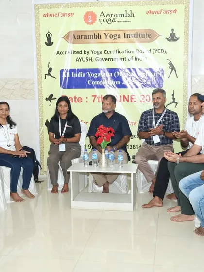 A panel discussion with our chief guest and judges at the Yogasana Competition, a valuable session of shared knowledge and insight.
