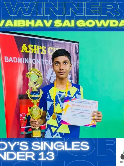 Well done, Vaibhav Sai Gowda, for winning the Under-13 Boys’ Singles category at the ASH’S Cup. His consistent performance is a credit to his hard work.