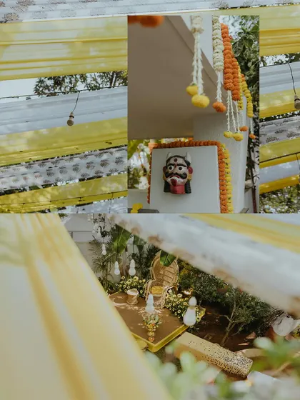 A collage of the simple yet beautiful Haldi decor for a home ceremony, featuring yellow and white drapes and marigold flowers.