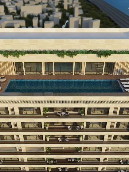 The crown of the tower features an expansive penthouse with a rooftop pool. This space offers stunning views and spatial openness, thoughtfully integrated within the building's geometric design vocabulary.