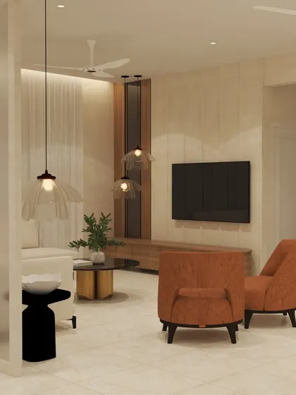 This angle of "The Beige House" shows the TV wall and the overall layout. The design maintains a cohesive beige and white theme throughout the open-plan living and dining area, creating a spacious and harmonious feel.
