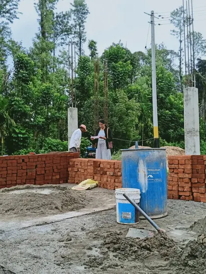 On-site at the Sriyani residence project in Coorg during the early construction phase. Being present on-site allows me to oversee the quality of work and ensure the project aligns with the architectural plans.