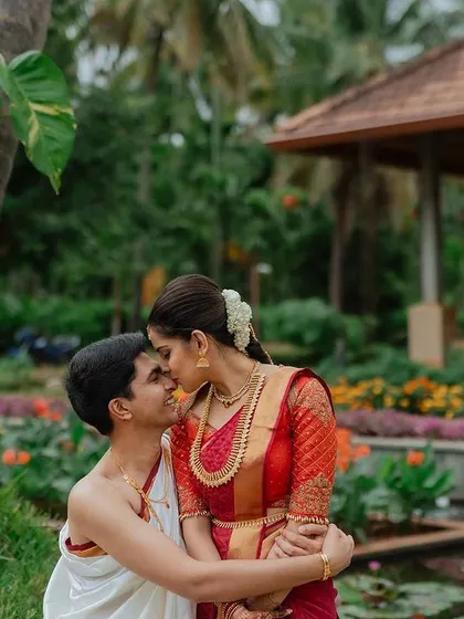 The pure joy of starting a new life together. This candid moment of laughter and love between Alankrita and Sanjith perfectly captures the happiness of their wedding day at Panchavati Pavilion.