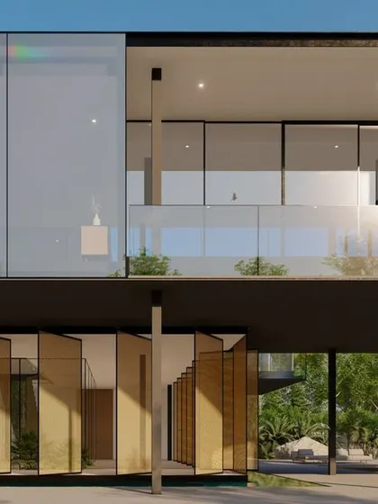 A close-up of the hovering farmhouse, showing the lightweight steel structure and the transparent glass facade. The lower level features operable wooden screens that can be adjusted to control privacy and sunlight, adding a layer of warmth and texture.