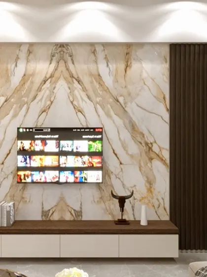 The 3D render for a TV wall, showcasing the dramatic effect of book-matched marble. This visualization helps clients appreciate the impact of material selection before making a commitment.