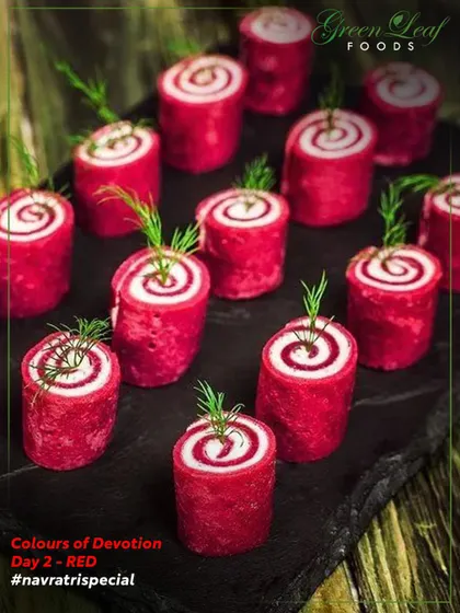 For Day 2 of Navratri, we showcased the color red with these stunning beetroot and cream cheese pinwheels. They represent strength and passion, and add a vibrant, flavorful element to your festivities.