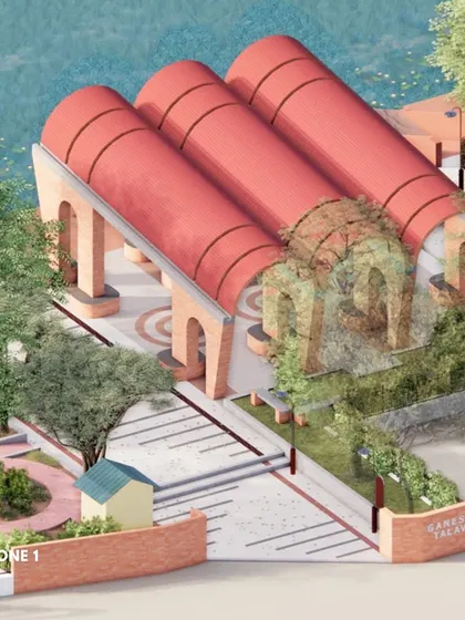 The proposed entrance plaza for the Ganesh Talav rejuvenation project, designed to create a welcoming gateway to the lakefront and garden.