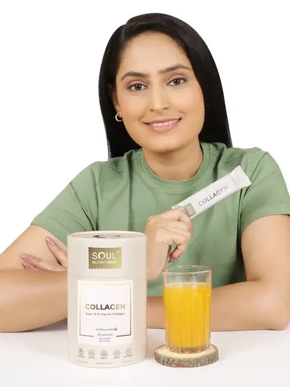 A lifestyle shot with a model and the collagen supplement. The clean white background and the model's healthy appearance create an aspirational and trustworthy image for the brand.