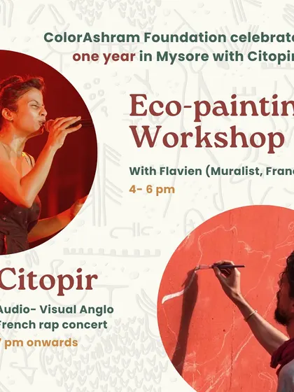 A poster for a special collaborative event featuring an Eco-Painting Workshop with a muralist from France, followed by an audio-visual Anglo-French rap concert.