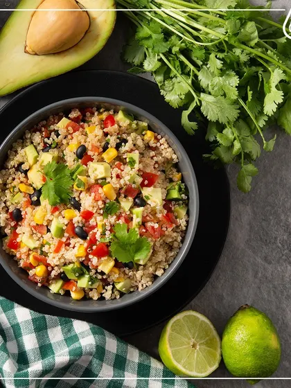 Our quinoa salad is loaded with avocado, corn, black beans, and a zesty lime dressing. It's a refreshing, gluten-free meal that's packed with plant-based protein and fiber.